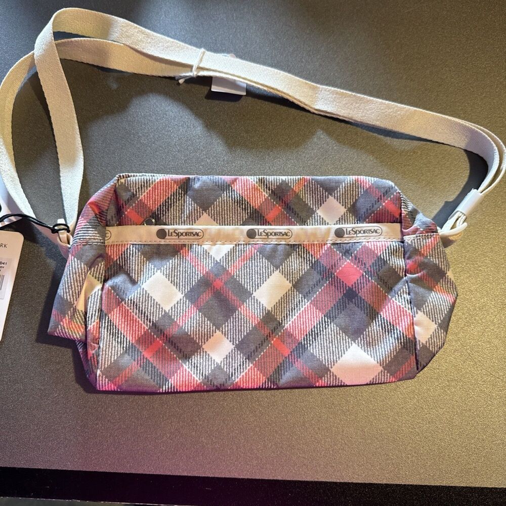 New LeSportsac Deluxe Everyday Crossbody Shoulder Bag Pink Gray /Plaid